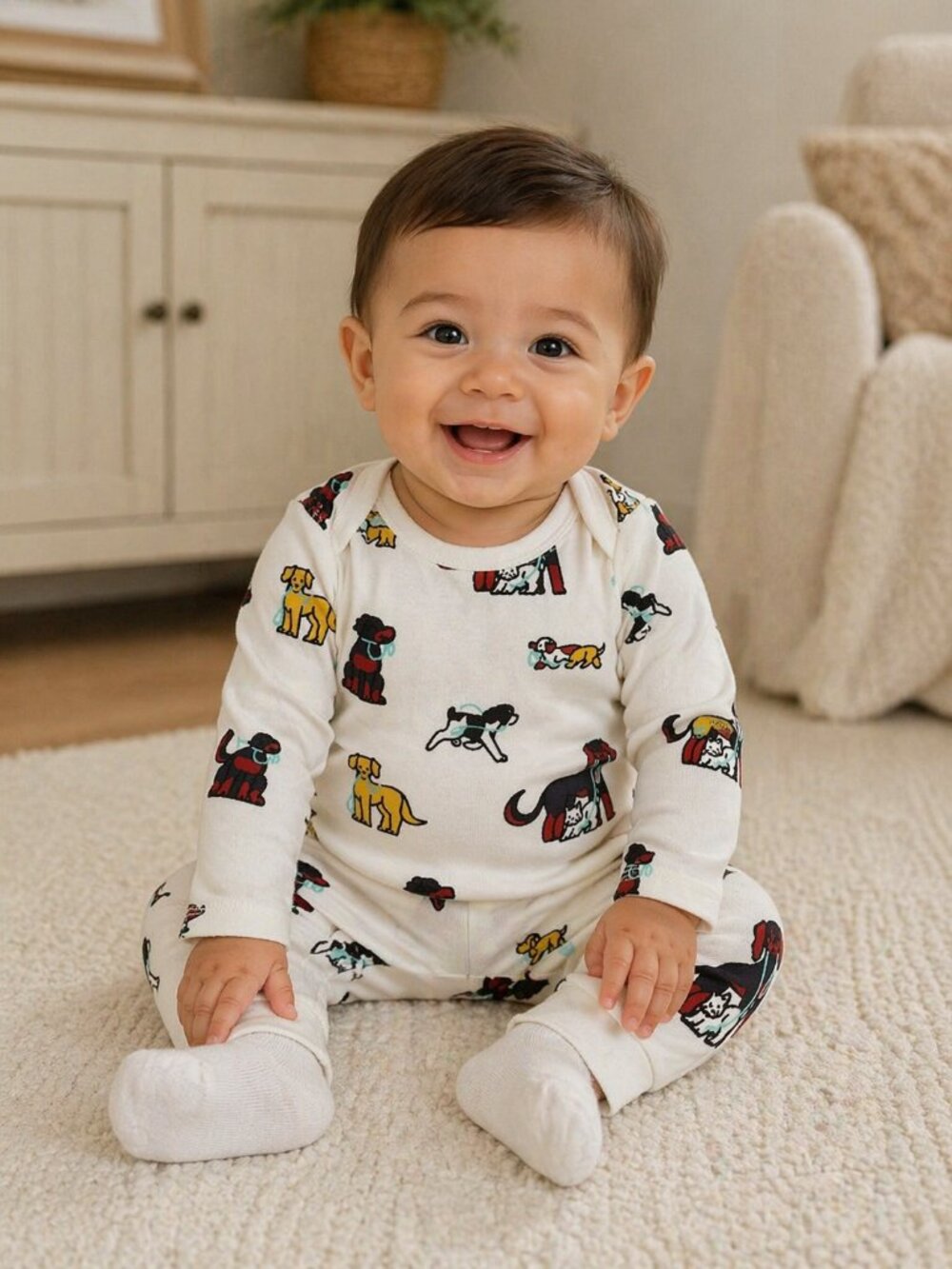 NWT Monica + Andy Baby Boy 2 Piece Set Dog Walker Print Organic Cotton Outfit